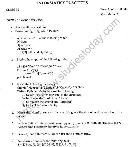 CBSE Class 11 Informatics Practices Worksheet Set A Solved